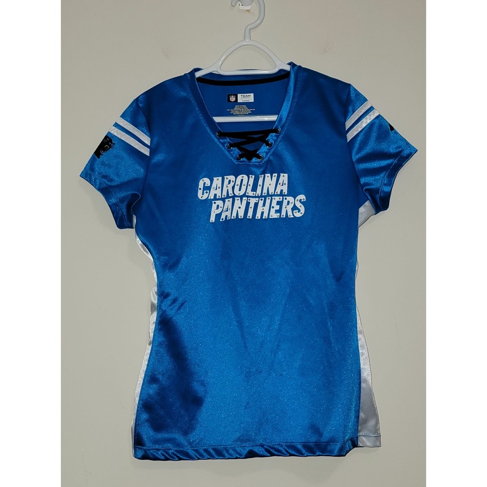 Womens Carolina Panthers NFL Team Apparel Blue‎ Lace Up V Neck Jersey Shirt M